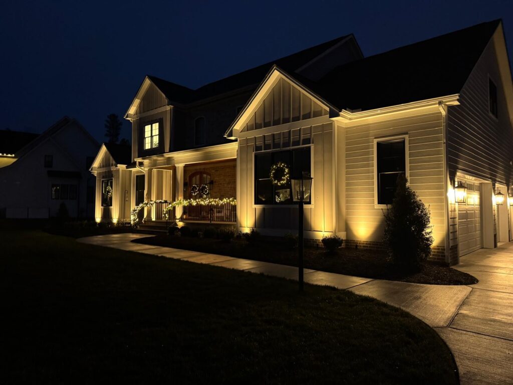 Landscape lighting on the front of a home