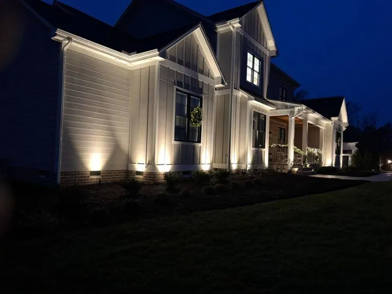 Angled landscape lighting at night in Midlothian