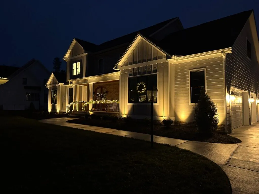 Landscape lighting on the front of a home